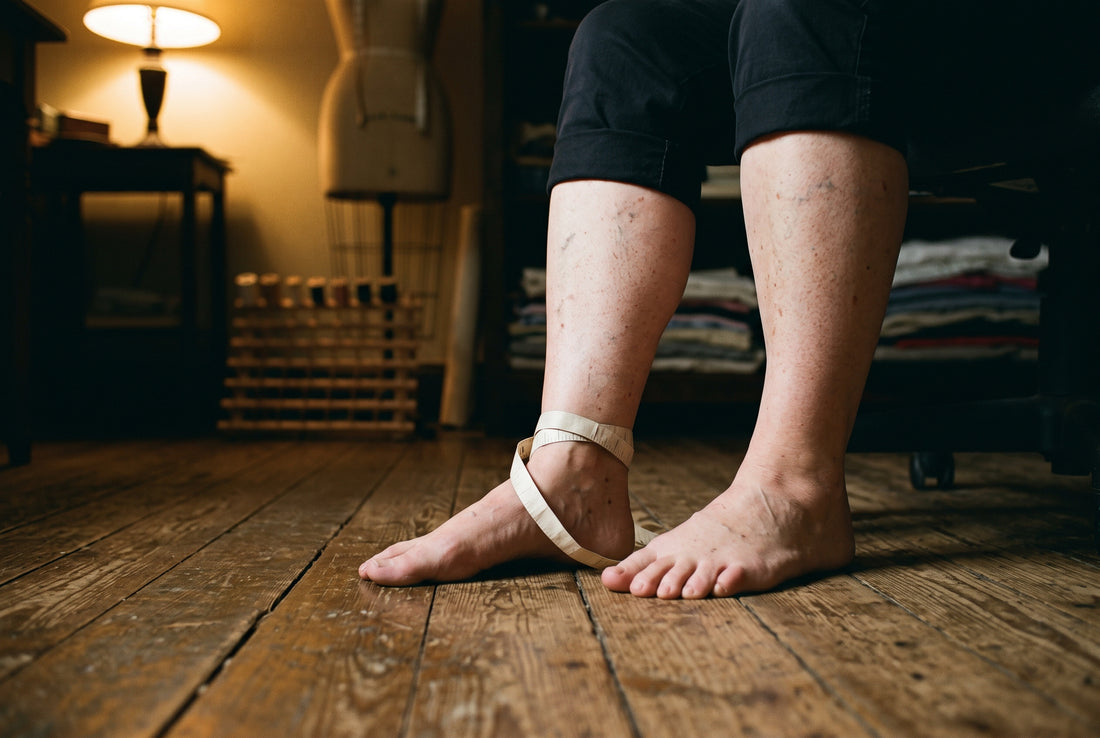 A cloth tape measure looped around a bare ankle on a tailoring shop floor