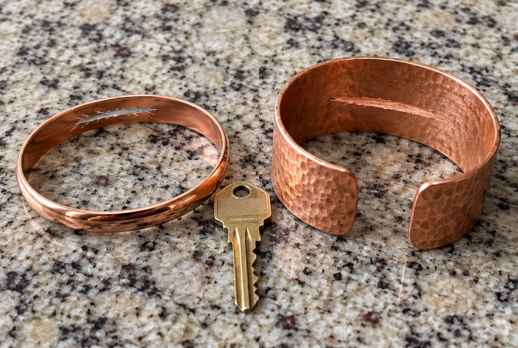 A plated bangle with a gray scratch next to a solid copper cuff with a copper scratch and a house key.