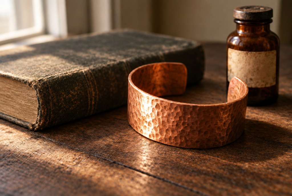 A wide hammered solid copper cuff on a worn wooden table beside an old book and a small brown bottle.