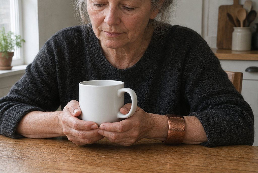 Holding a coffee mug by the bowl with both hands