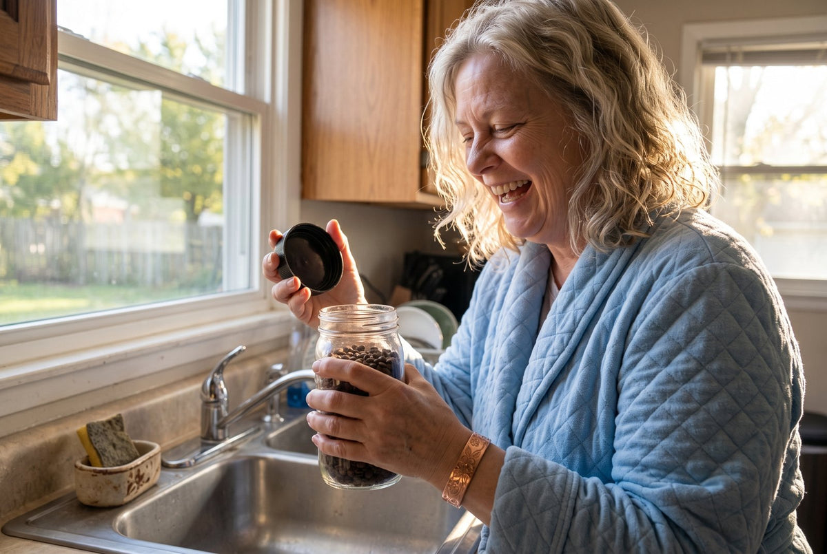 Early morning kitchen, dry sink and faucet off in the background. A woman of 64 in a bathrobe laughing out loud, holding