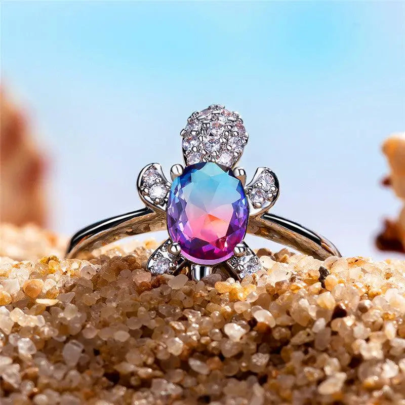Sea Turtle Ring with Oval Zirconia and Sterling Silver