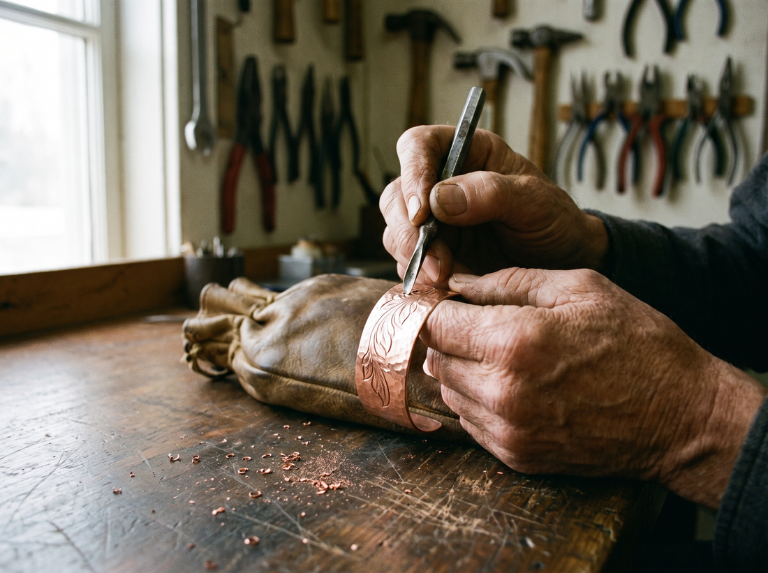 A copper cuff being hand finished at the workshop bench