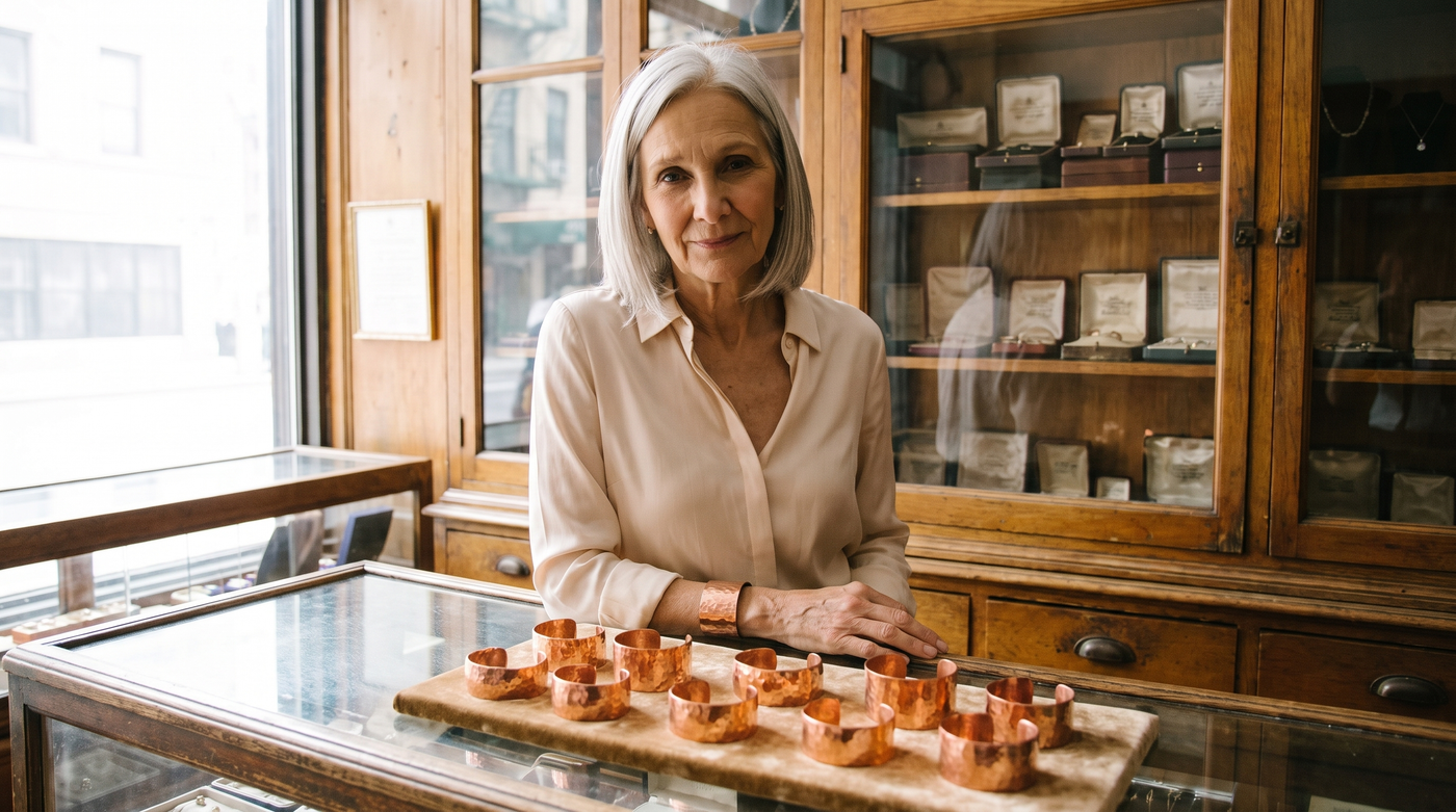 Margaret with hand-hammered copper cuffs at her New York counter