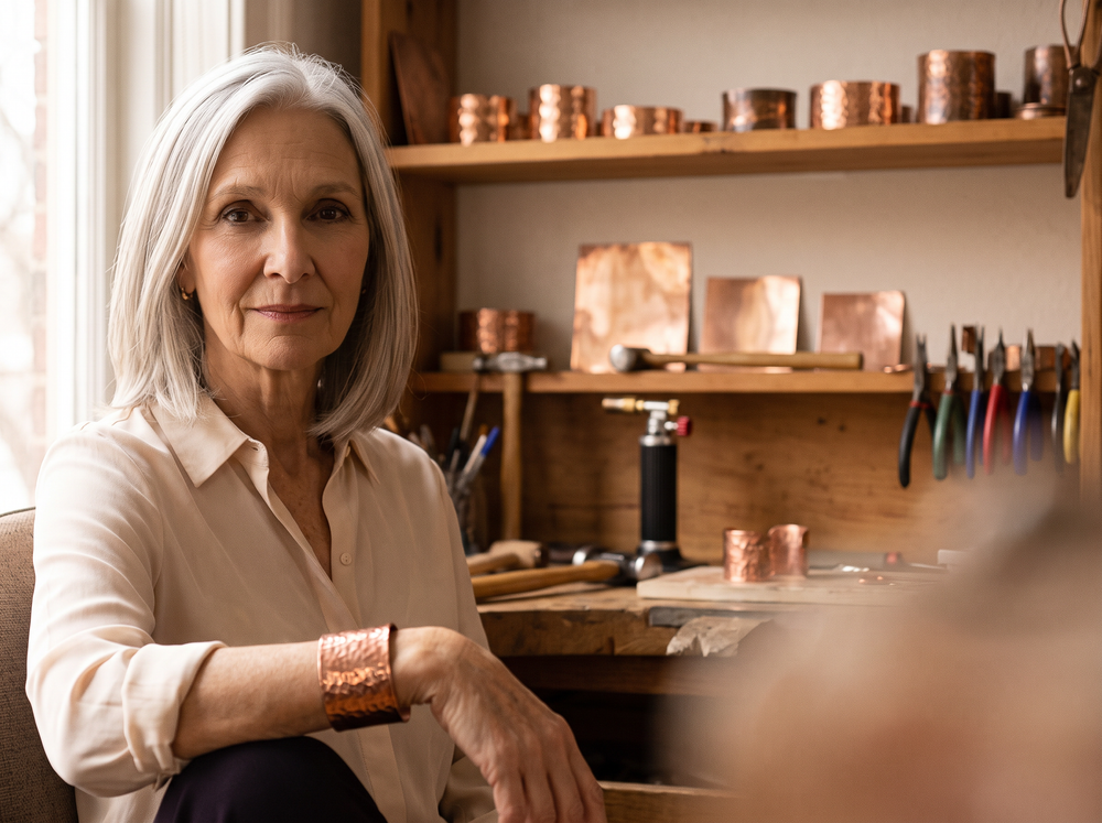 Margaret in her copper workshop