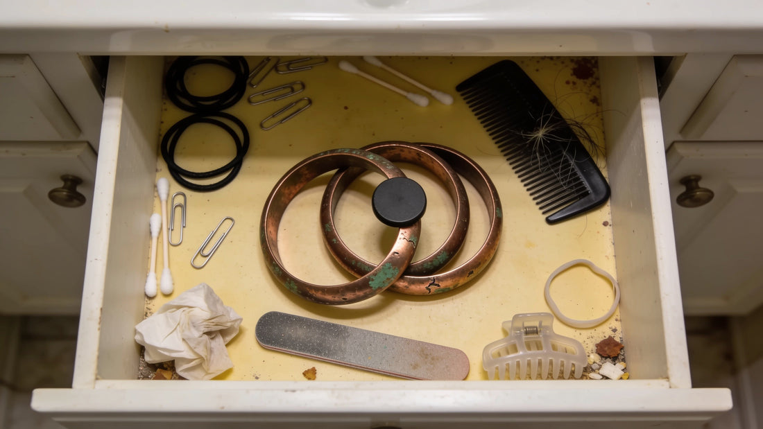 Three tarnished bracelets in a drawer with a magnet resting on one