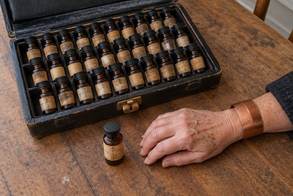 Open black sample case of small brown bottles with typed labels on a kitchen table.