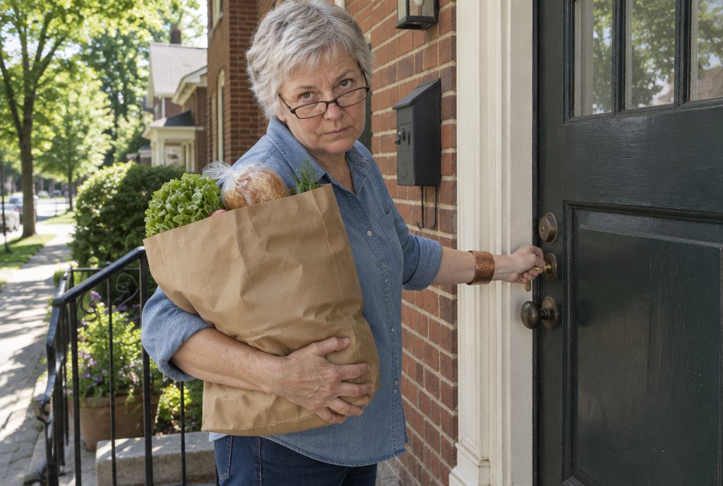 Unlocking the front door with the groceries still on her hip