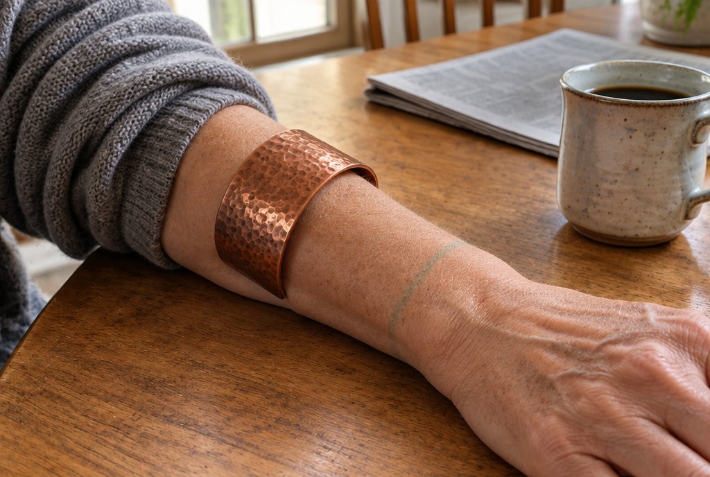 The faint green line solid copper leaves on the wrist