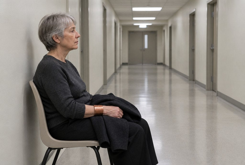 A woman alone on a chair in a bare clinic hallway, coat on her lap.