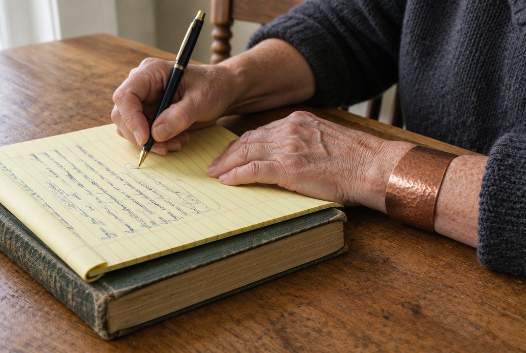 A woman's hands writing on a legal pad on a kitchen table.