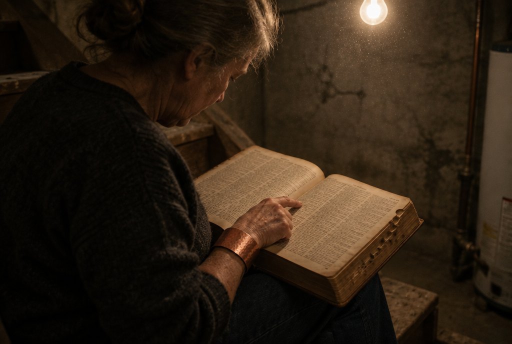 Close on an open, yellowed reference book on a woman's knees on basement stairs.