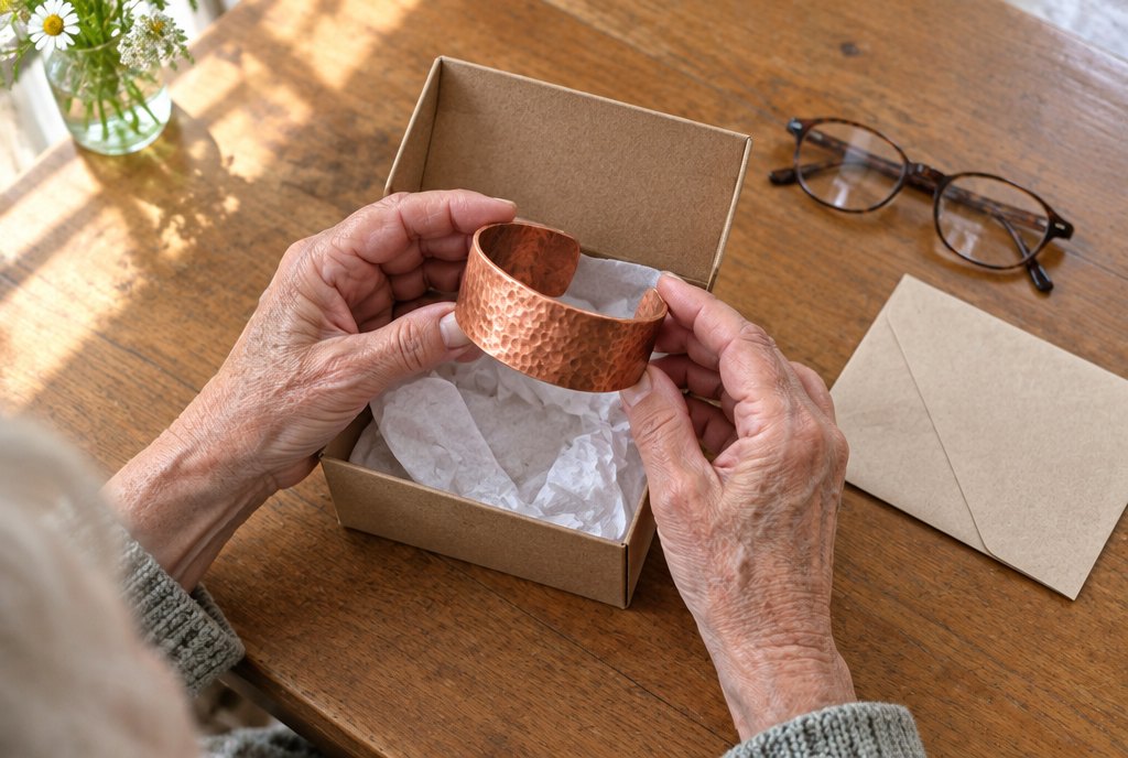 Lifting a solid copper cuff out of its box