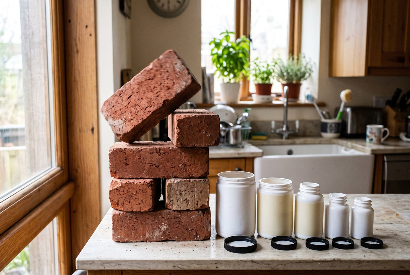 Bricks with no mortar next to empty collagen tubs