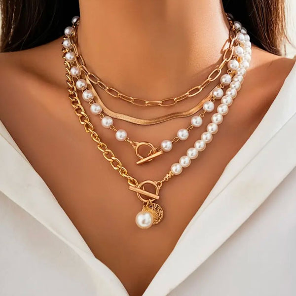 Vintage Pearl & Snake Chain Necklace Set
